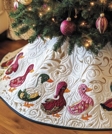 Pink And Green Duck Christmas Tree Skirt - Handcrafted White Holiday Skirt With Colorful Ducks, Custom Made To Order