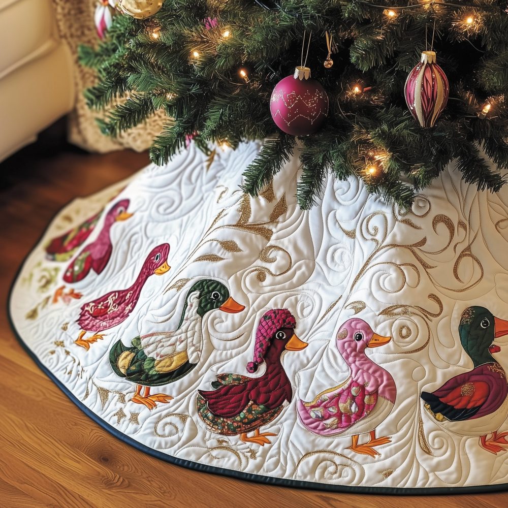 Pink And Green Duck Christmas Tree Skirt - Handcrafted White Holiday Skirt With Colorful Ducks, Custom Made To Order