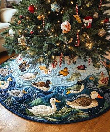 Blue Water Duck Holiday Tree Skirt - Handcrafted Blue And White Christmas Skirt Featuring Ducks, Custom-Made