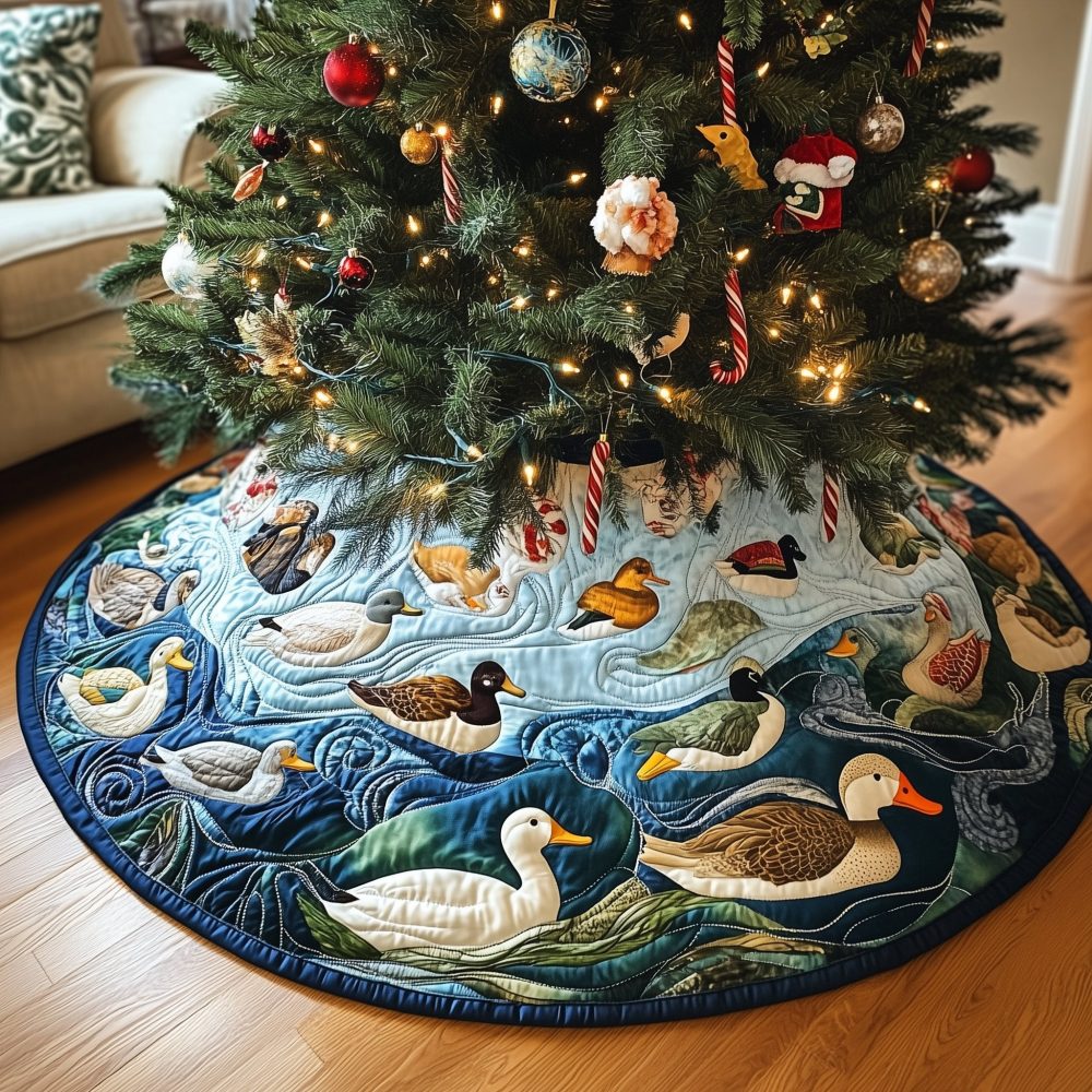 Blue Water Duck Holiday Tree Skirt - Handcrafted Blue And White Christmas Skirt Featuring Ducks, Custom-Made
