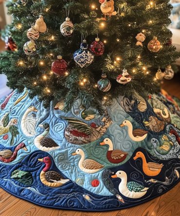 Blue Wave Duck Christmas Tree Skirt - Handcrafted Ocean-Inspired Holiday Skirt With Swimming Ducks, Custom Order