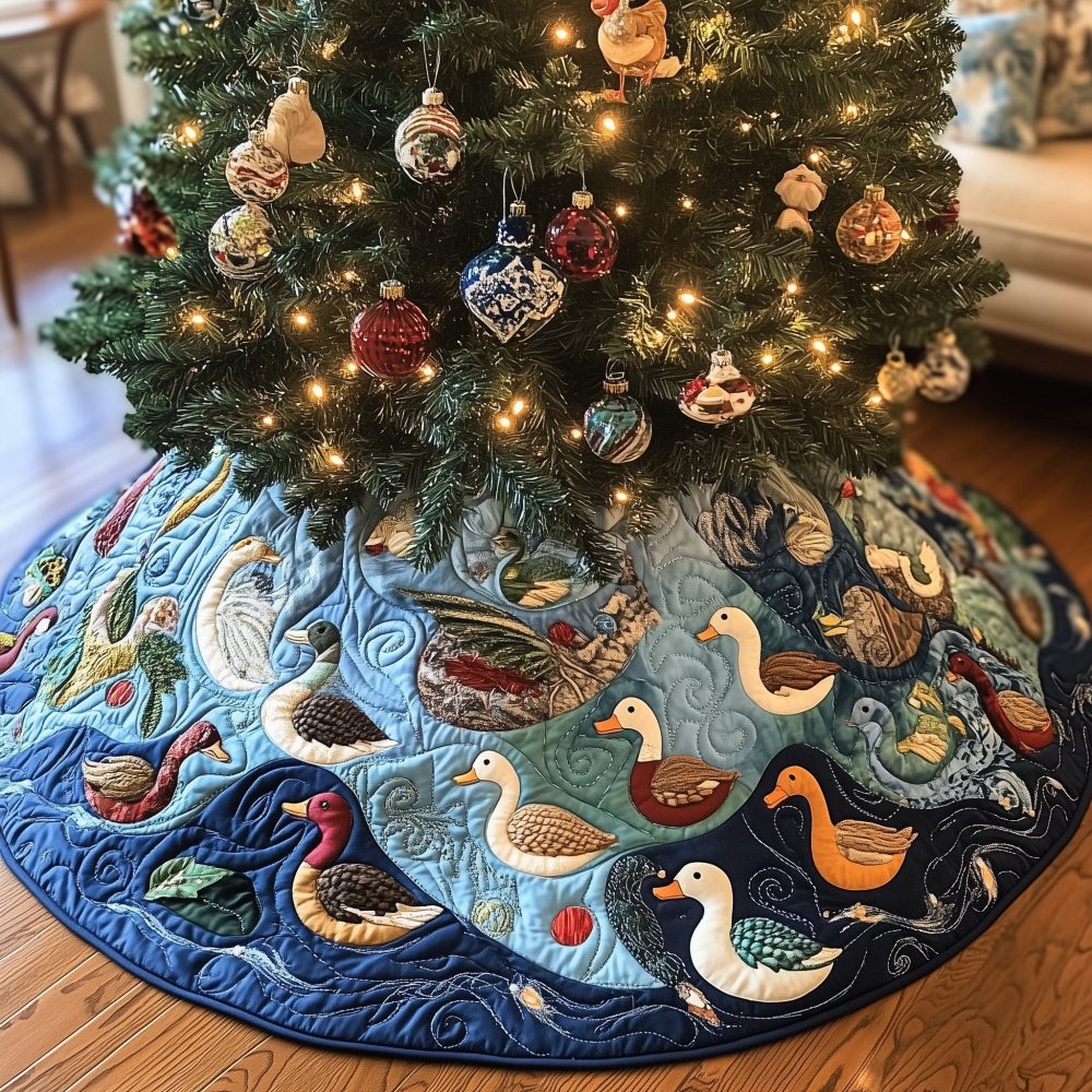 Blue Wave Duck Christmas Tree Skirt - Handcrafted Ocean-Inspired Holiday Skirt With Swimming Ducks, Custom Order