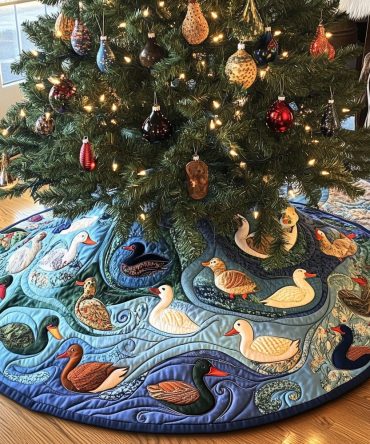 Pale Blue Duck Pond Christmas Tree Skirt - Handcrafted Holiday Tree Skirt With Ducks, Custom-Made For Winter Decor