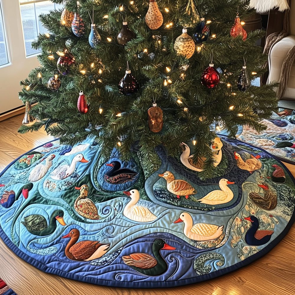 Pale Blue Duck Pond Christmas Tree Skirt - Handcrafted Holiday Tree Skirt With Ducks, Custom-Made For Winter Decor