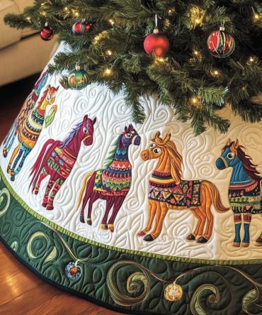 Green-Edged Scandinavian Dala Horse Holiday Tree Skirt - Handcrafted White And Green Christmas Skirt, Custom