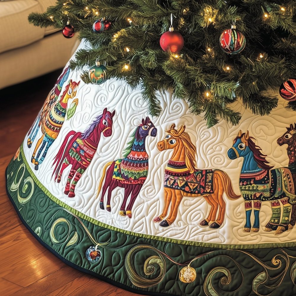 Green-Edged Scandinavian Dala Horse Holiday Tree Skirt - Handcrafted White And Green Christmas Skirt, Custom