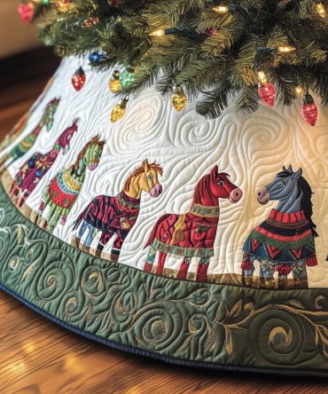 Handcrafted Scandinavian Dala Horse Christmas Tree Skirt - White Holiday Tree Skirt, Custom-Made For Cozy Homes
