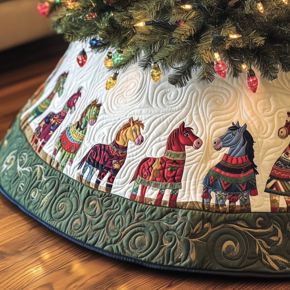 Handcrafted Scandinavian Dala Horse Christmas Tree Skirt - White Holiday Tree Skirt, Custom-Made For Cozy Homes