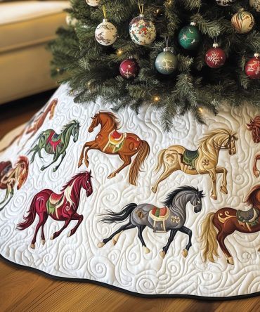 Bright Running Horses Christmas Tree Skirt — Handcrafted Colorful Equestrian Quilt, Soft Cotton, Made-To-Order Holiday Accent
