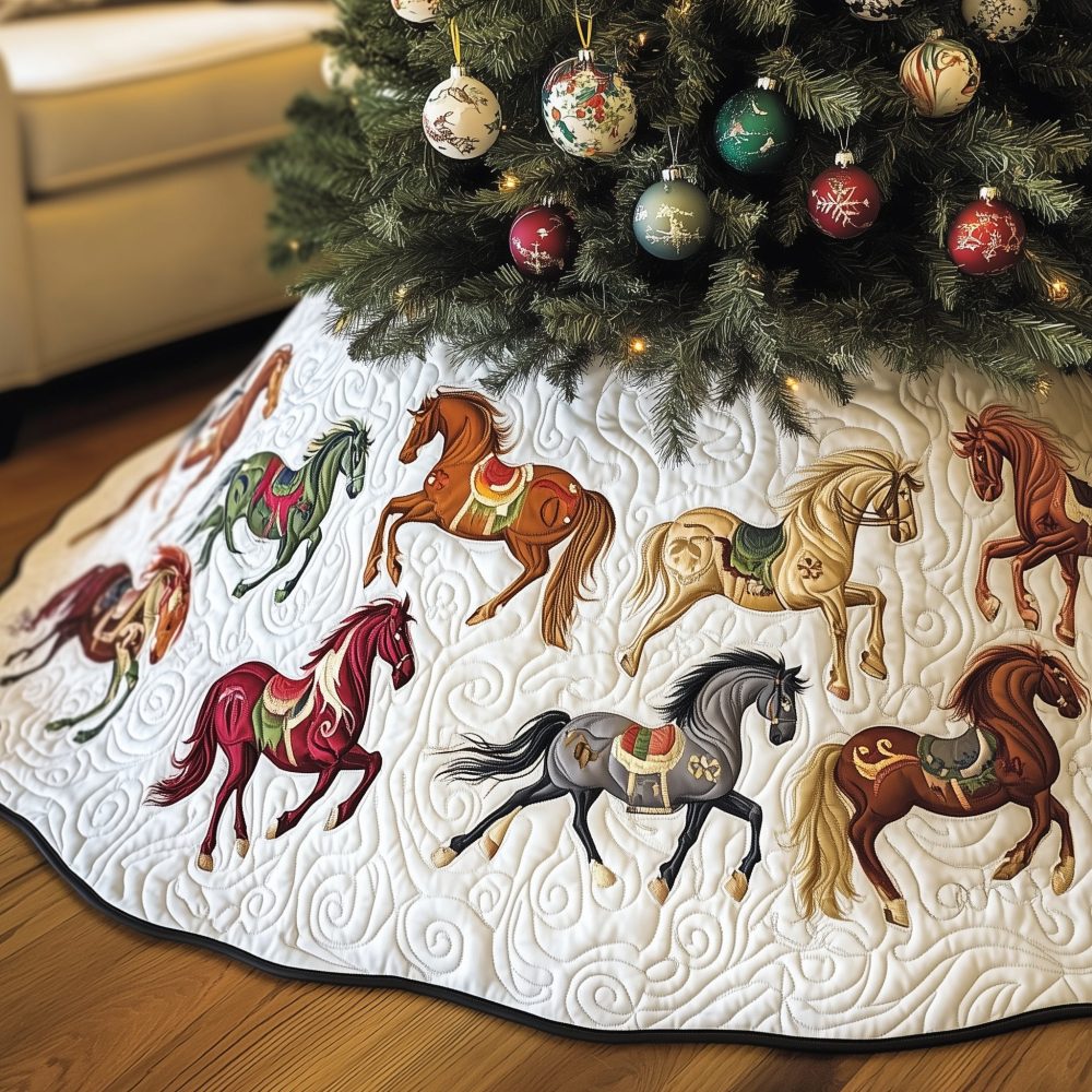 Bright Running Horses Christmas Tree Skirt — Handcrafted Colorful Equestrian Quilt, Soft Cotton, Made-To-Order Holiday Accent