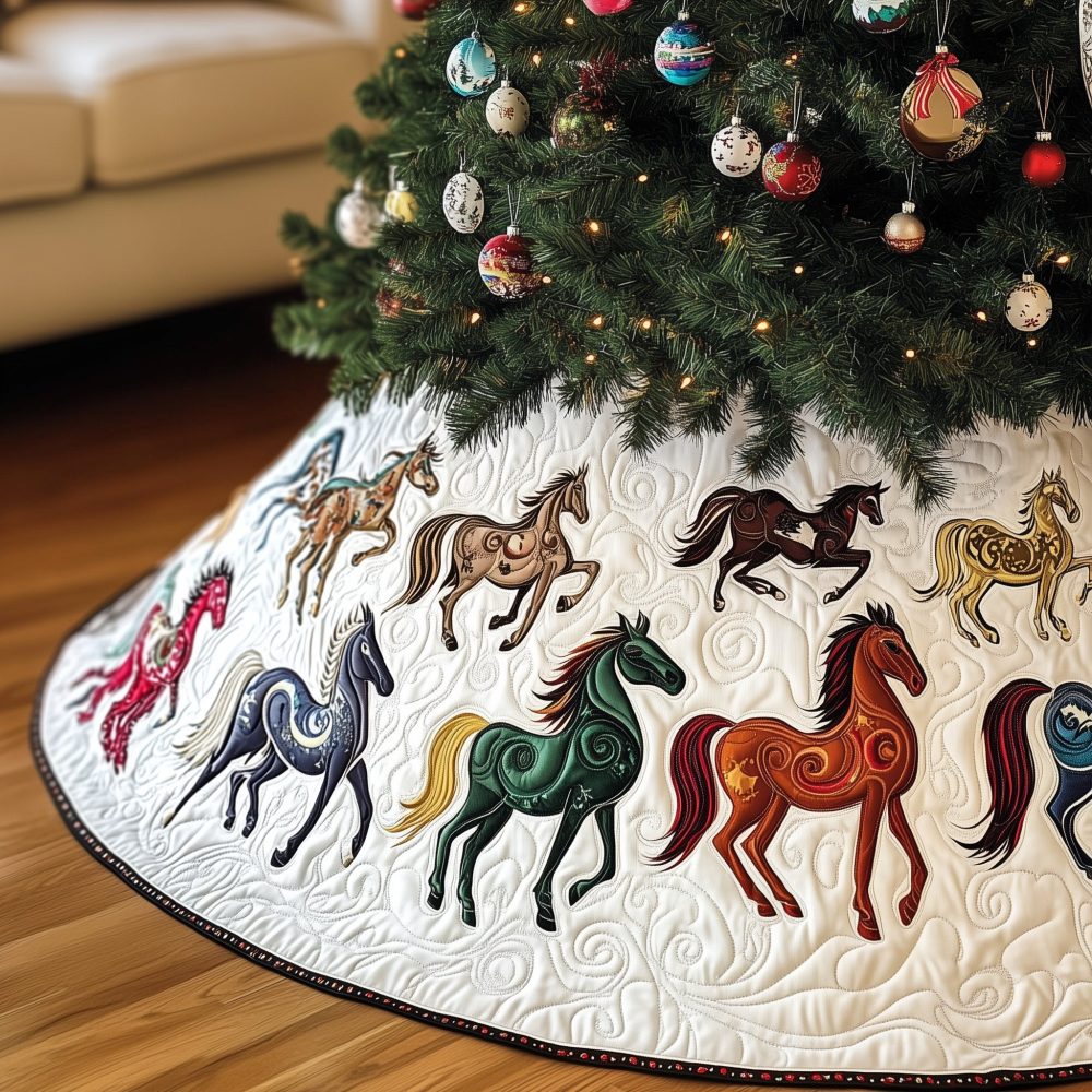 Galloping Horses In Green & Red Christmas Tree Skirt — Handcrafted Festive Equestrian Quilt, Made-To-Order Holiday Centerpiece