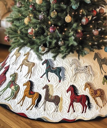 Trotting Horses On White Quilt Christmas Tree Skirt — Handcrafted Equestrian Quilt, Soft Cotton Batting, Made-To-Order