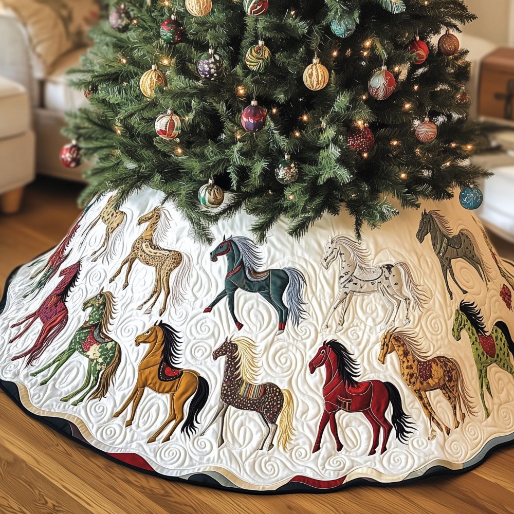 Trotting Horses On White Quilt Christmas Tree Skirt — Handcrafted Equestrian Quilt, Soft Cotton Batting, Made-To-Order