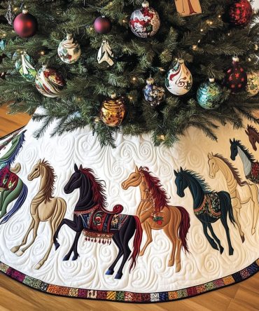 Black & Tan Horses On Cream Quilted Christmas Tree Skirt — Handcrafted Equestrian Holiday Skirt, Custom Made-To-Order