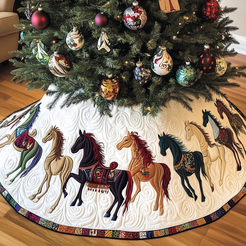 Black & Tan Horses On Cream Quilted Christmas Tree Skirt — Handcrafted Equestrian Holiday Skirt, Custom Made-To-Order
