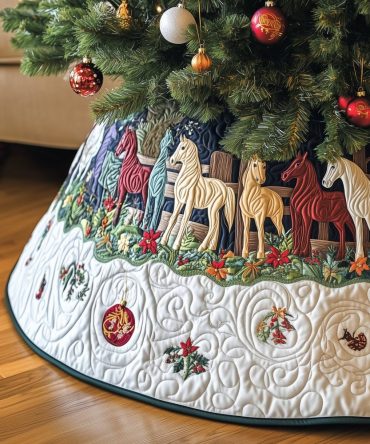 Colorful Horses With White Swirl Christmas Tree Skirt — Handcrafted Vibrant Equestrian Quilt, Made-To-Order Holiday Accent