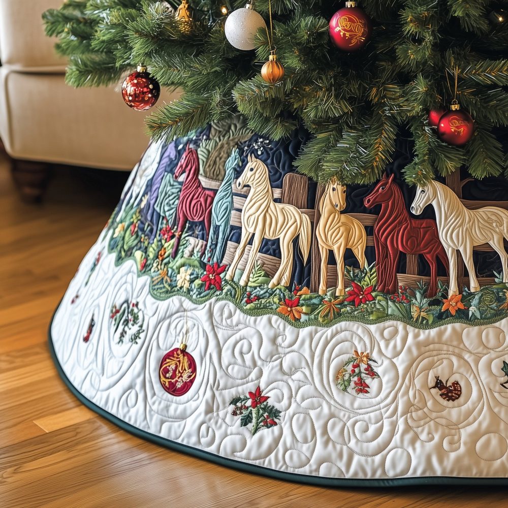 Colorful Horses With White Swirl Christmas Tree Skirt — Handcrafted Vibrant Equestrian Quilt, Made-To-Order Holiday Accent