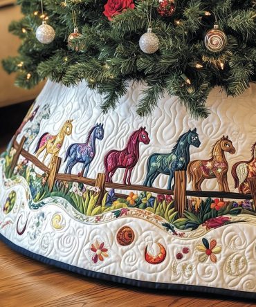 Horses By Wooden Fence Quilted Christmas Tree Skirt — Handmade Rustic Equestrian Holiday Skirt, Custom Made-To-Order