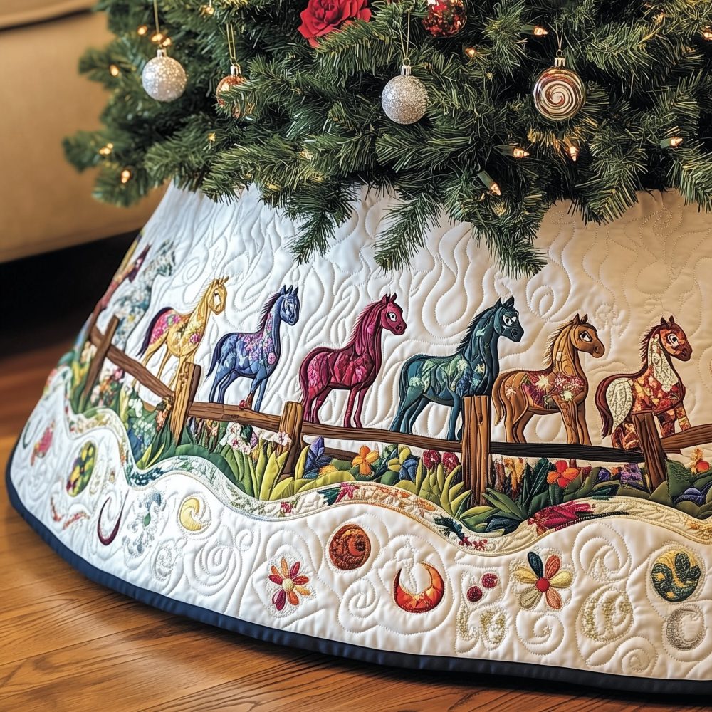Horses By Wooden Fence Quilted Christmas Tree Skirt — Handmade Rustic Equestrian Holiday Skirt, Custom Made-To-Order