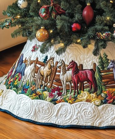 Horses In A Field Of Flowers Christmas Tree Skirt — Handmade Quilted Equestrian Design, Soft Cotton, Made-To-Order