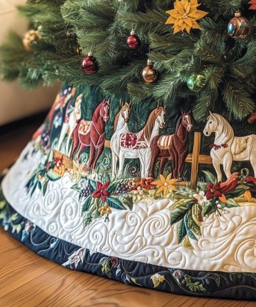 Red & White Horses With Poinsettias Tree Skirt — Handmade Quilted Holiday Skirt, Equestrian Festive Decor, Made-To-Order