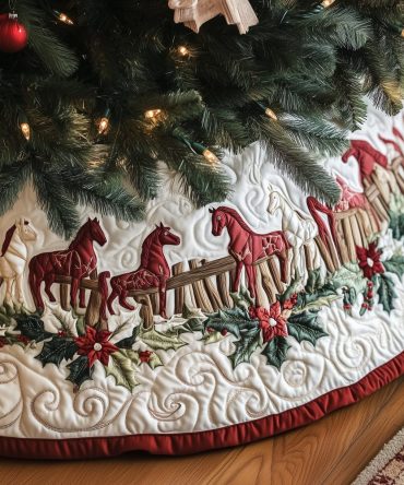 Red Horses Along Fence Christmas Tree Skirt — Handcrafted Farmhouse Holiday Quilt, Soft Cotton, Made-To-Order