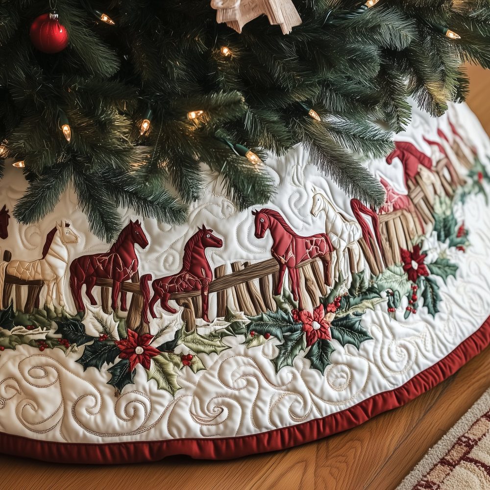 Red Horses Along Fence Christmas Tree Skirt — Handcrafted Farmhouse Holiday Quilt, Soft Cotton, Made-To-Order