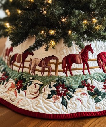 Red Horse & Poinsettia Border Christmas Tree Skirt — Handcrafted Equestrian Holiday Skirt, Quilted, Made-To-Order