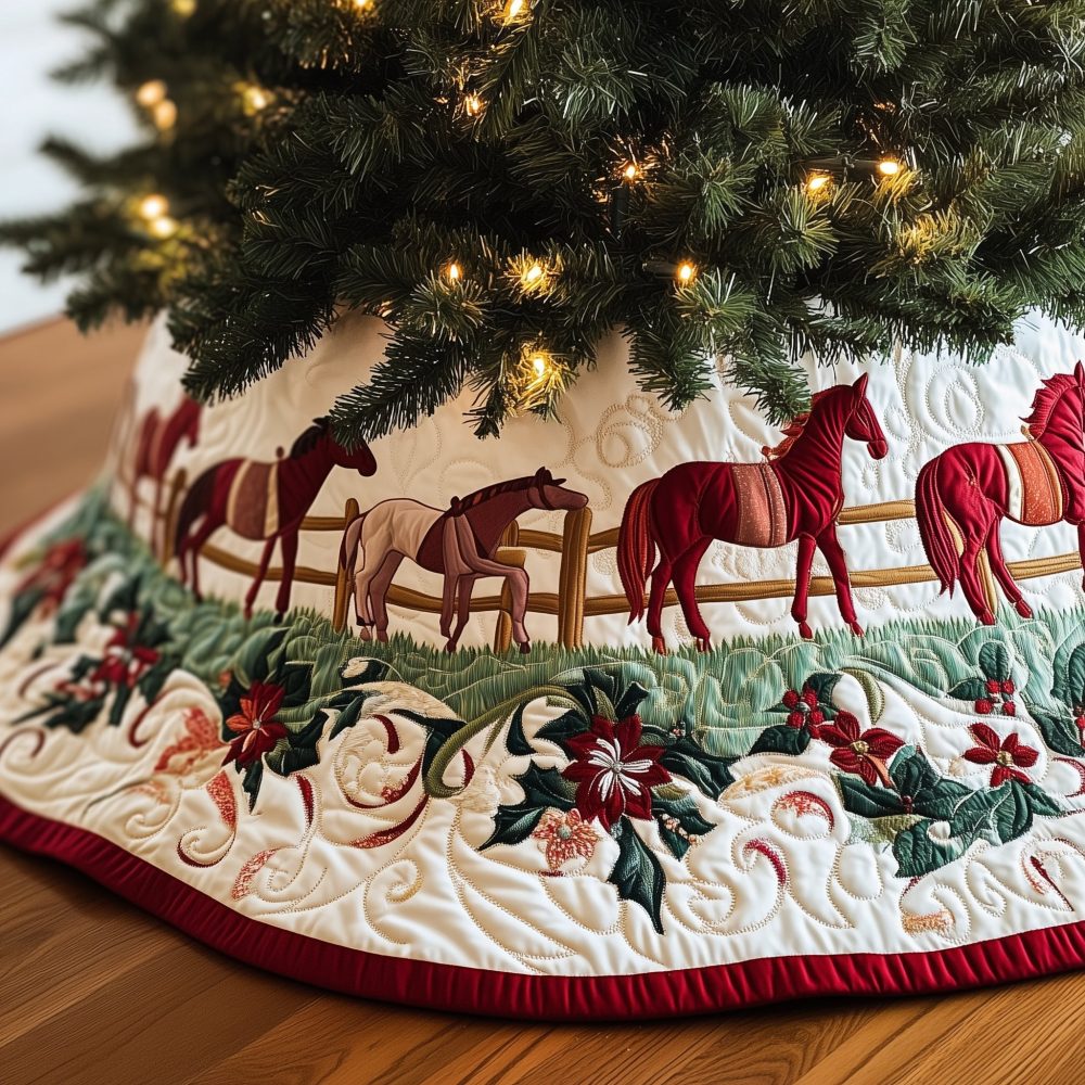 Red Horse & Poinsettia Border Christmas Tree Skirt — Handcrafted Equestrian Holiday Skirt, Quilted, Made-To-Order