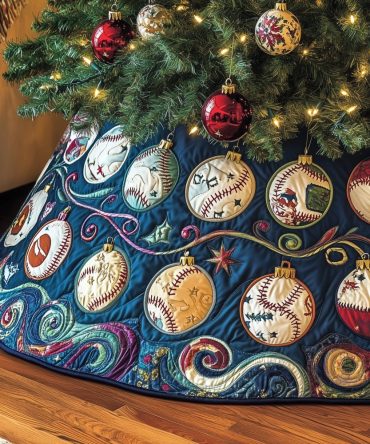 Blue Swirl Baseball Quilt Christmas Tree Skirt — Handmade Sporty Holiday Skirt, Quilted Cotton, Custom Made-To-Order