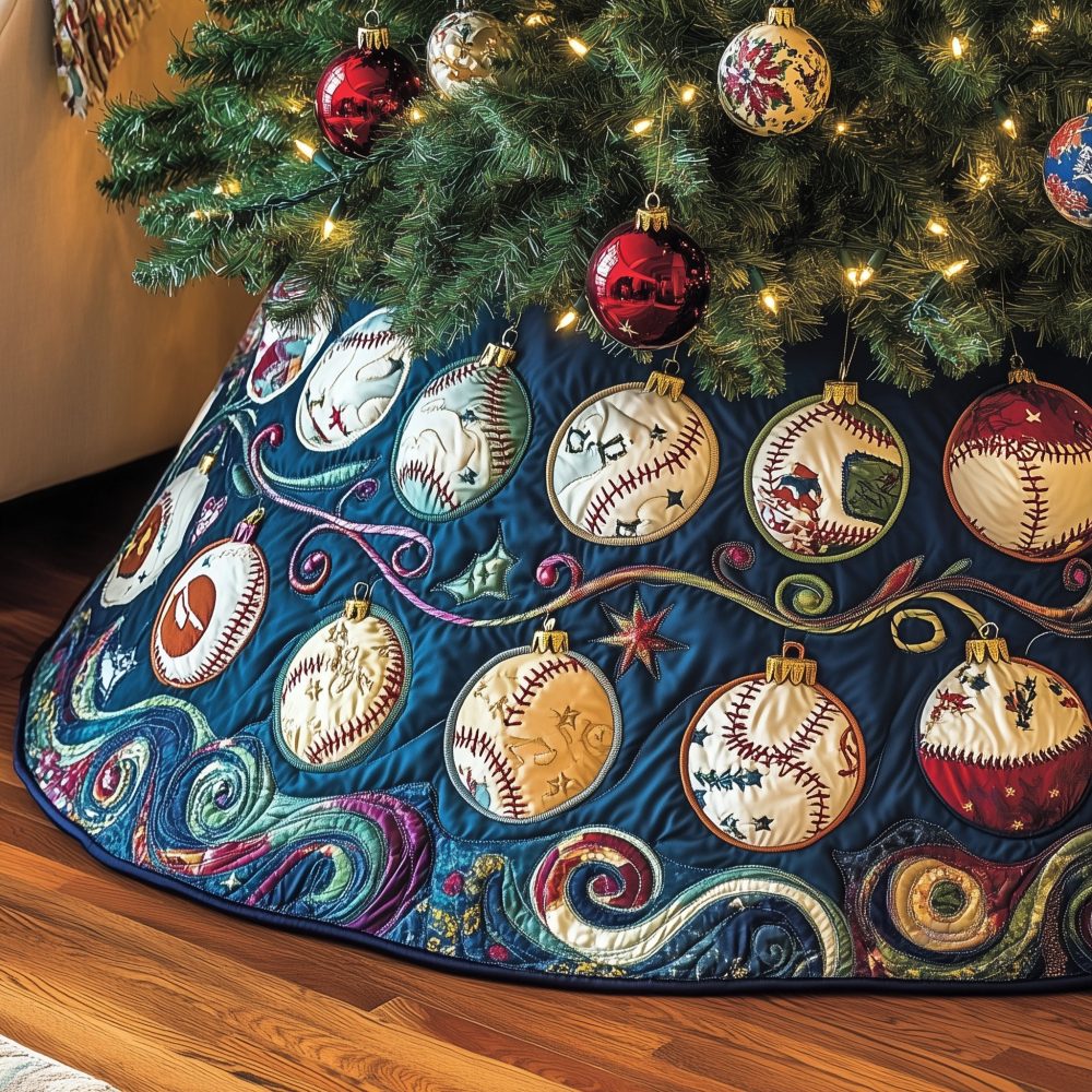 Blue Swirl Baseball Quilt Christmas Tree Skirt — Handmade Sporty Holiday Skirt, Quilted Cotton, Custom Made-To-Order