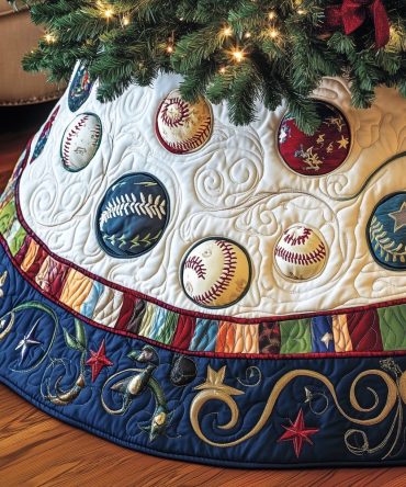 Navy-Trim Baseball-Themed Christmas Tree Skirt In Cream — Handmade Quilted Holiday Skirt, Custom Made-To-Order