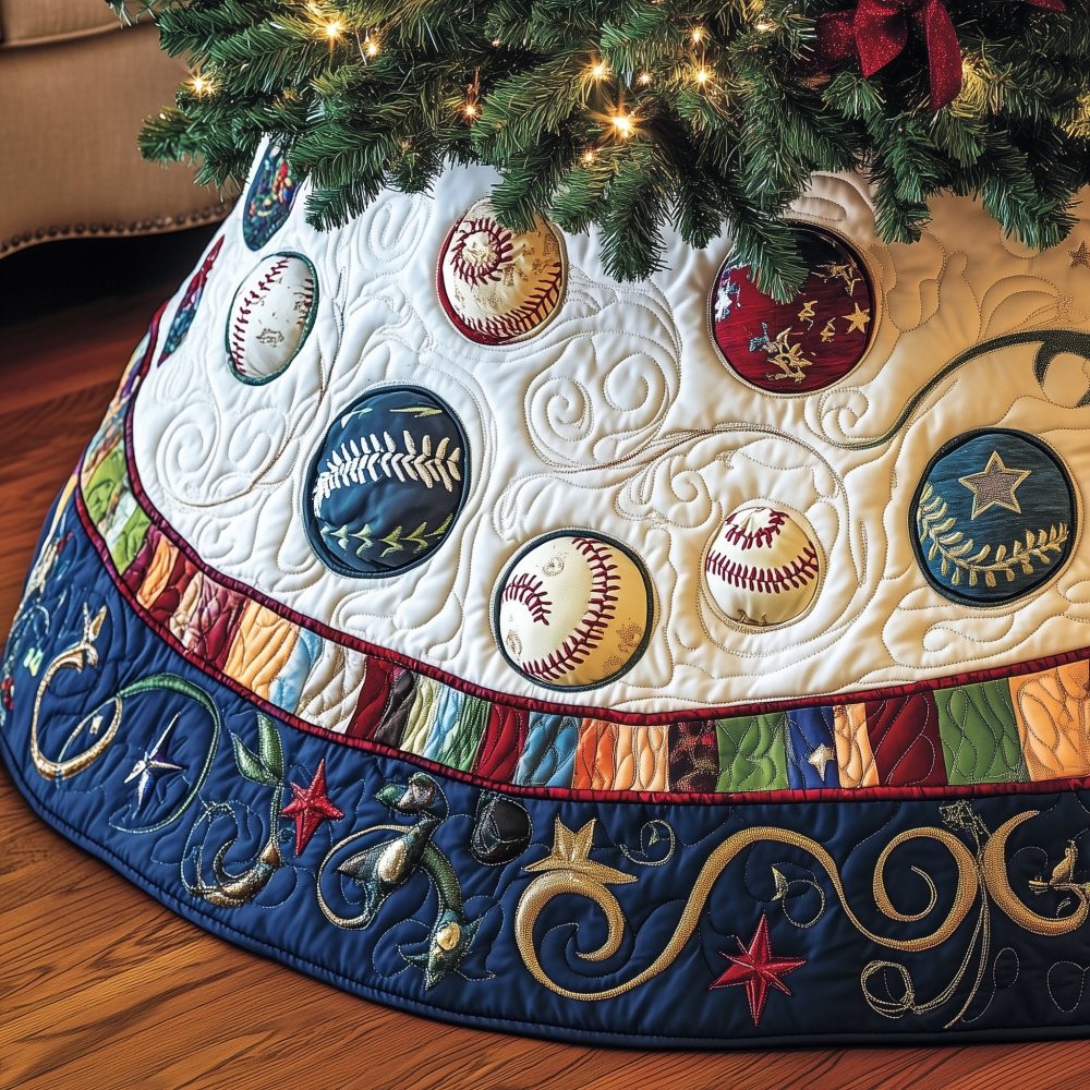 Navy-Trim Baseball-Themed Christmas Tree Skirt In Cream — Handmade Quilted Holiday Skirt, Custom Made-To-Order