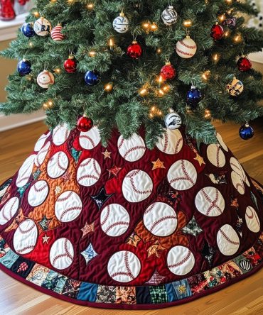 Festive Red Baseball & Stars Christmas Tree Skirt — Handmade Quilted Holiday Décor, Custom Made-To-Order For Sports Fans