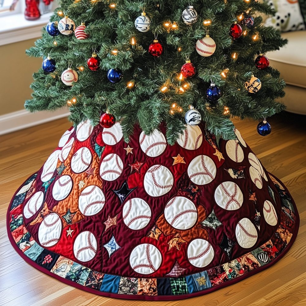Festive Red Baseball & Stars Christmas Tree Skirt — Handmade Quilted Holiday Décor, Custom Made-To-Order For Sports Fans