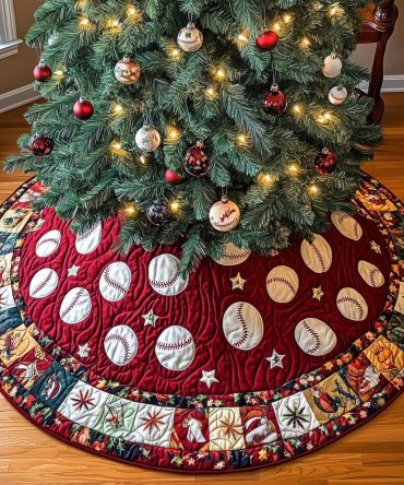 Red Patchwork Baseball Holiday Tree Skirt — Handmade Quilted Cotton, Bold Patch Border, Made-To-Order Festive Décor