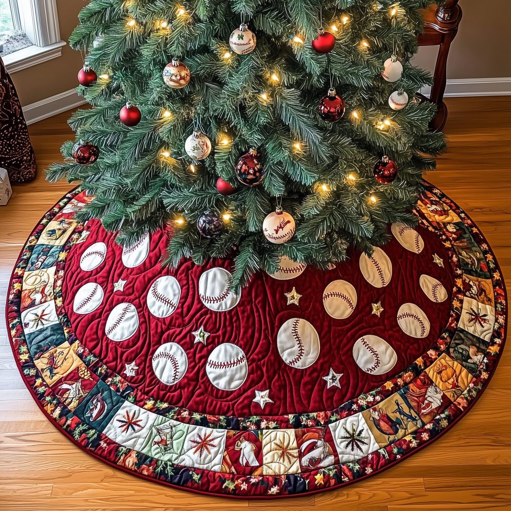 Red Patchwork Baseball Holiday Tree Skirt — Handmade Quilted Cotton, Bold Patch Border, Made-To-Order Festive Décor