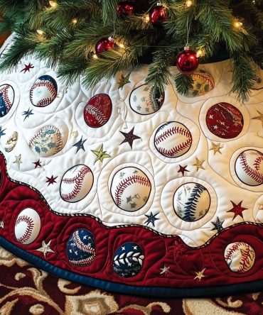 Handmade Cream & Red Star Baseball Christmas Tree Skirt — Quilted Holiday Decor, Soft Cotton, Custom Made-To-Order Gift