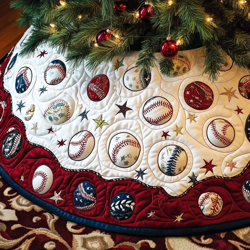 Handmade Cream & Red Star Baseball Christmas Tree Skirt — Quilted Holiday Decor, Soft Cotton, Custom Made-To-Order Gift