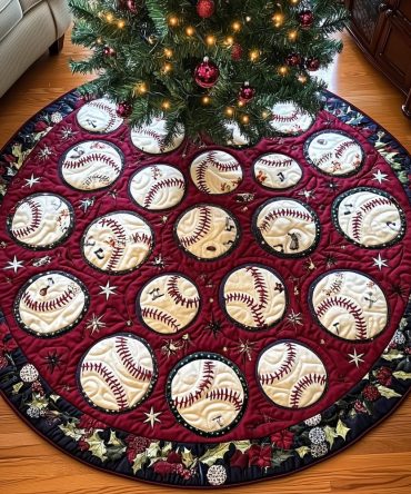 Burgundy Christmas Tree Skirt With Scattered Baseballs - Custom Handmade Sports-Themed Holiday Tree Skirt For Fans