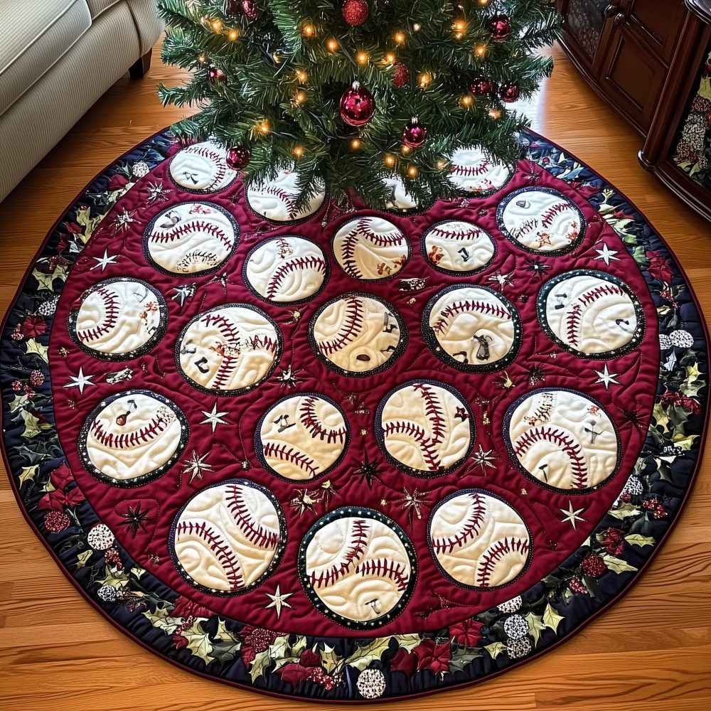 Burgundy Christmas Tree Skirt With Scattered Baseballs - Custom Handmade Sports-Themed Holiday Tree Skirt For Fans