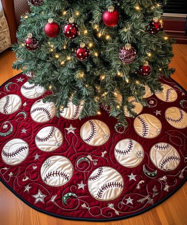 Red Christmas Tree Skirt With Baseballs And White Stars - Custom Handmade Sports Holiday Skirt, Great Gift For Baseball Fans