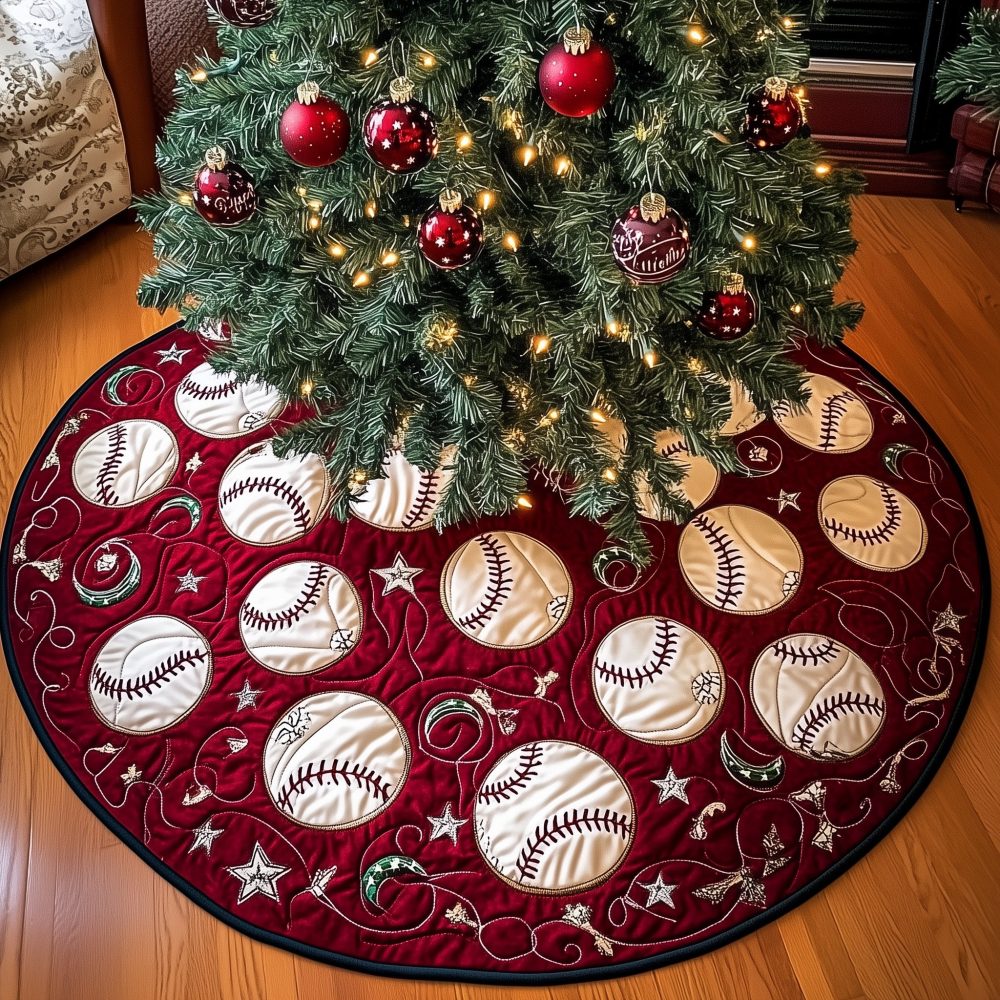 Red Christmas Tree Skirt With Baseballs And White Stars - Custom Handmade Sports Holiday Skirt, Great Gift For Baseball Fans