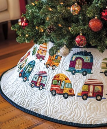 Vivid Retro Camper Christmas Tree Skirt With Navy Border - Handmade Custom Holiday Decor, Bright Rv-Themed Skirt