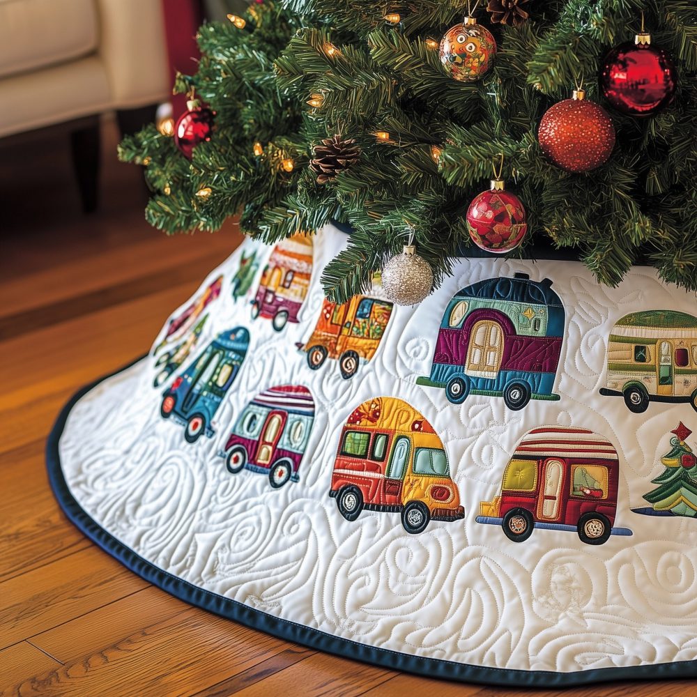 Vivid Retro Camper Christmas Tree Skirt With Navy Border - Handmade Custom Holiday Decor, Bright Rv-Themed Skirt