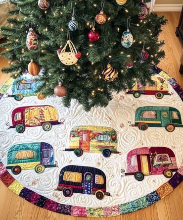 Rainbow Patch Trim Quilted Tree Skirt With Retro Campers - Custom Handmade Christmas Decor, Bright Multicolor Accent