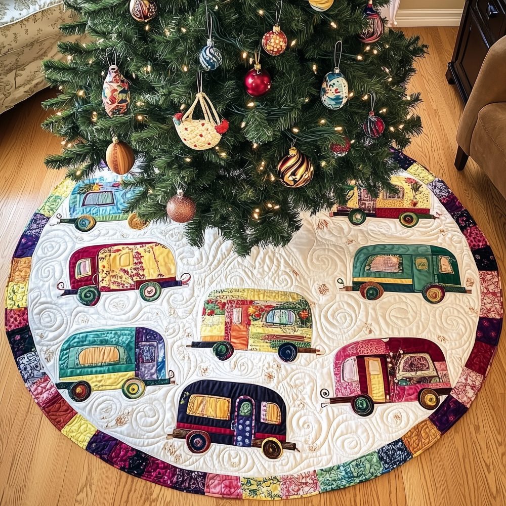 Rainbow Patch Trim Quilted Tree Skirt With Retro Campers - Custom Handmade Christmas Decor, Bright Multicolor Accent