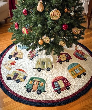 Cream Quilted Christmas Tree Skirt With Retro Camper Appliques - Custom Handmade Holiday Quilt-Style Tree Skirt