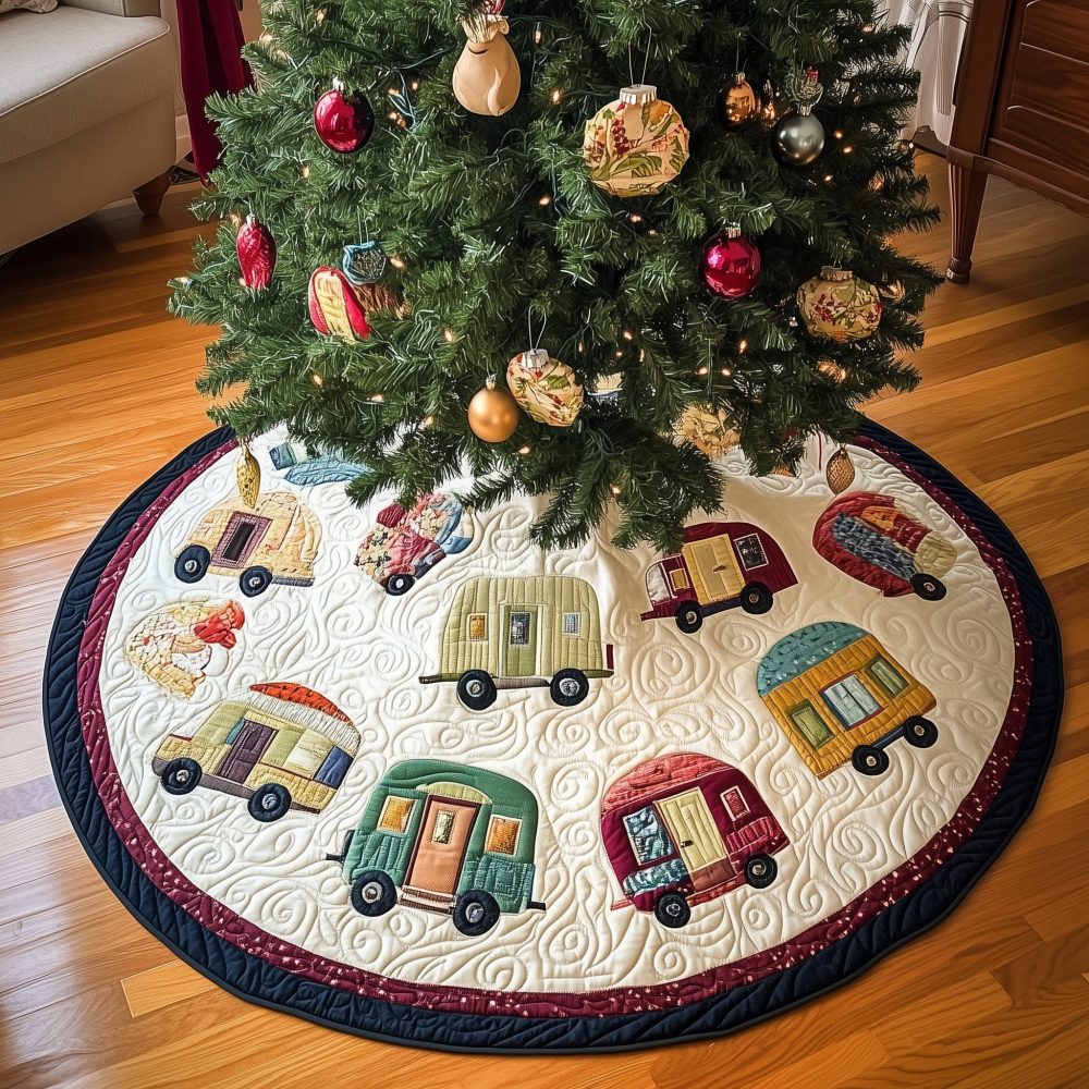 Cream Quilted Christmas Tree Skirt With Retro Camper Appliques - Custom Handmade Holiday Quilt-Style Tree Skirt