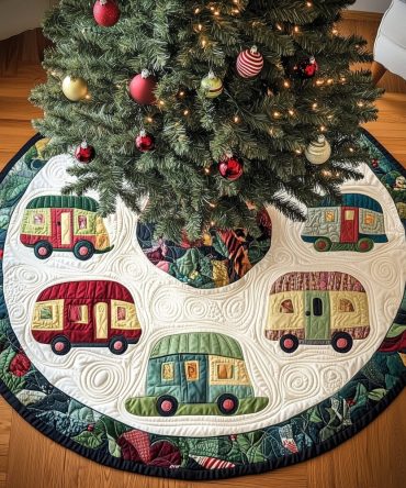 Handcrafted Christmas Tree Skirt With Retro Camper Motif And Red Trim - Custom Holiday Decor For Camping Fans